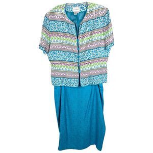 Adrianna Papell Boutique Plus Size 18 Skirt Suit Blue Silk Midi Short Sleeve 604